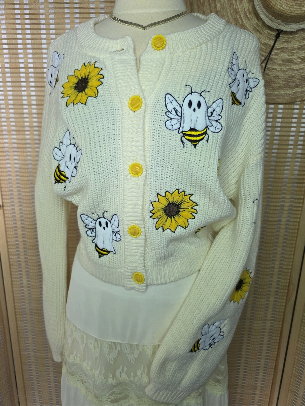 Ivory Chunky Knit Sunflower Button Up Cardigan Sweater with Ghost Bee "Boo-Bees"